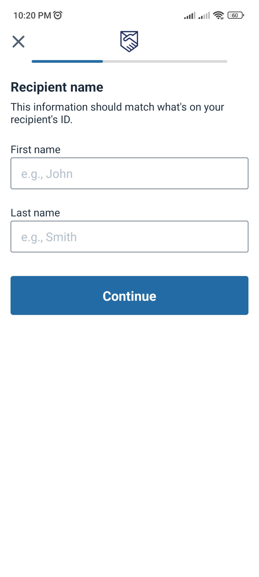 Entering recipient name on Remitly
